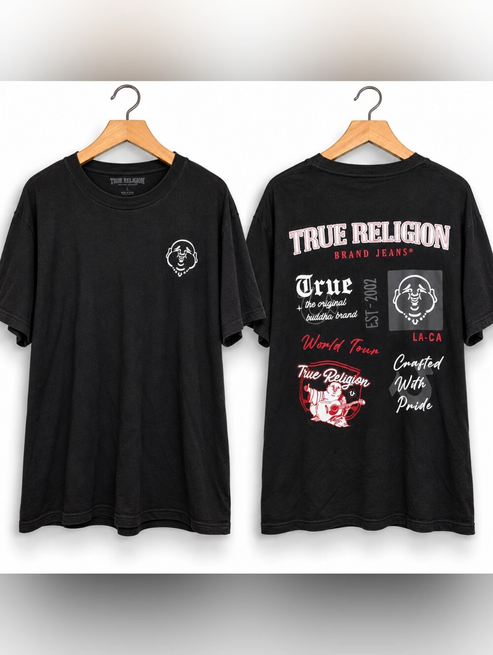 True Religion Black Short Sleeve Tee with White & Red Back Graphics